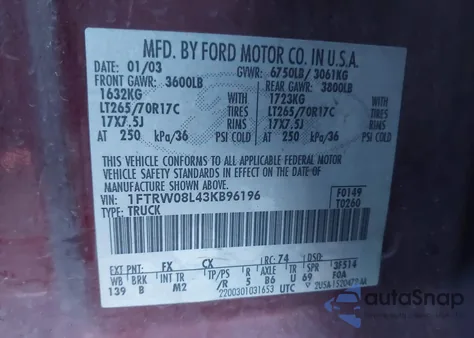 2003 Ford F-150 Lariat/Xlt из США, поврежденный, VIN 1FTRW08L43KB96196